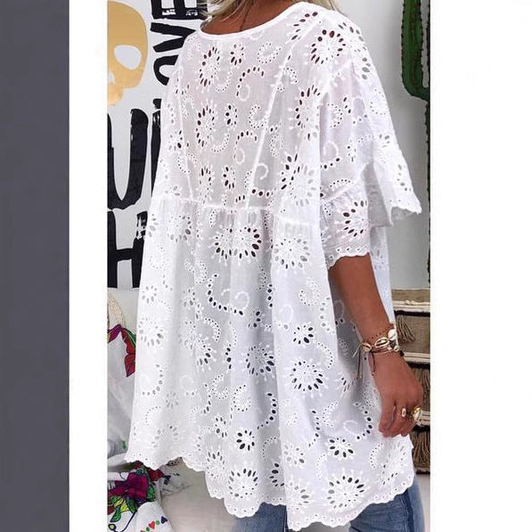 Damen Bluse mit floralen Stickereien und weiten Ärmeln
