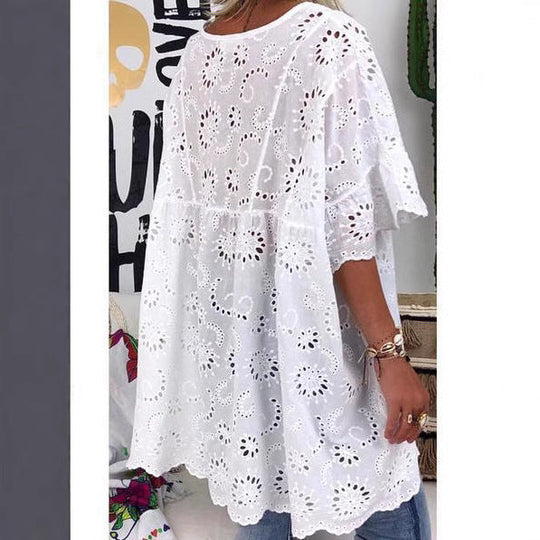 Damen Bluse mit floralen Stickereien und weiten Ärmeln