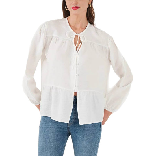 Damen locker fallende Baumwollbluse mit Volantstufe und Bindekragen Shop Nory