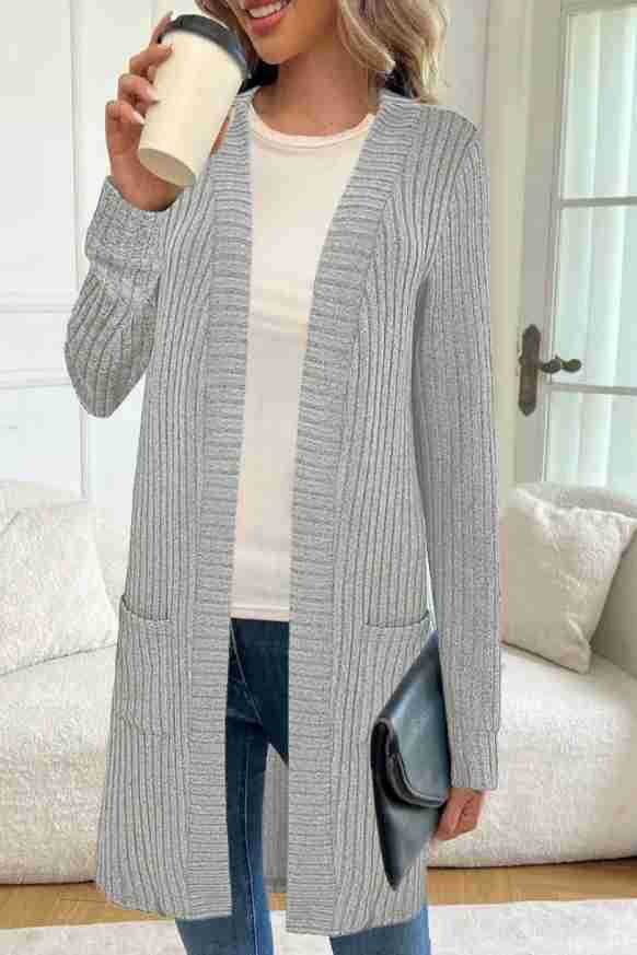 Damen Longline Rippstrick Cardigan mit Taschen Shop Nory