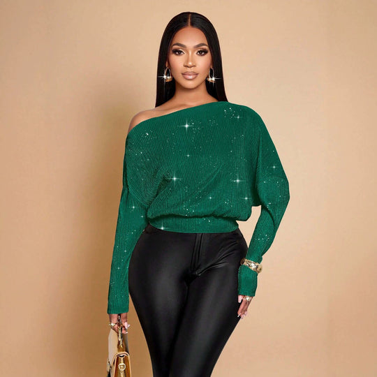 Damen Off-Shoulder Rippstrick-Pullover mit Glitzereffekt und Batwing-Ärmeln Shop Nory