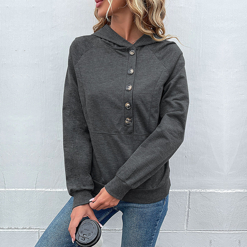 Damen Kapuzenpullover mit Zierknopfleiste, Raglanärmeln und Kängurutasche Shop Nory