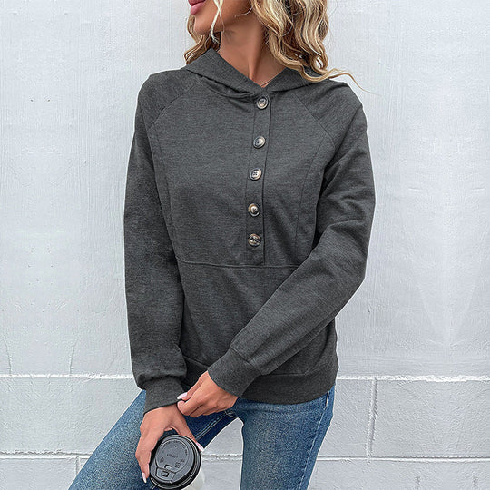Damen Kapuzenpullover mit Zierknopfleiste, Raglanärmeln und Kängurutasche Shop Nory