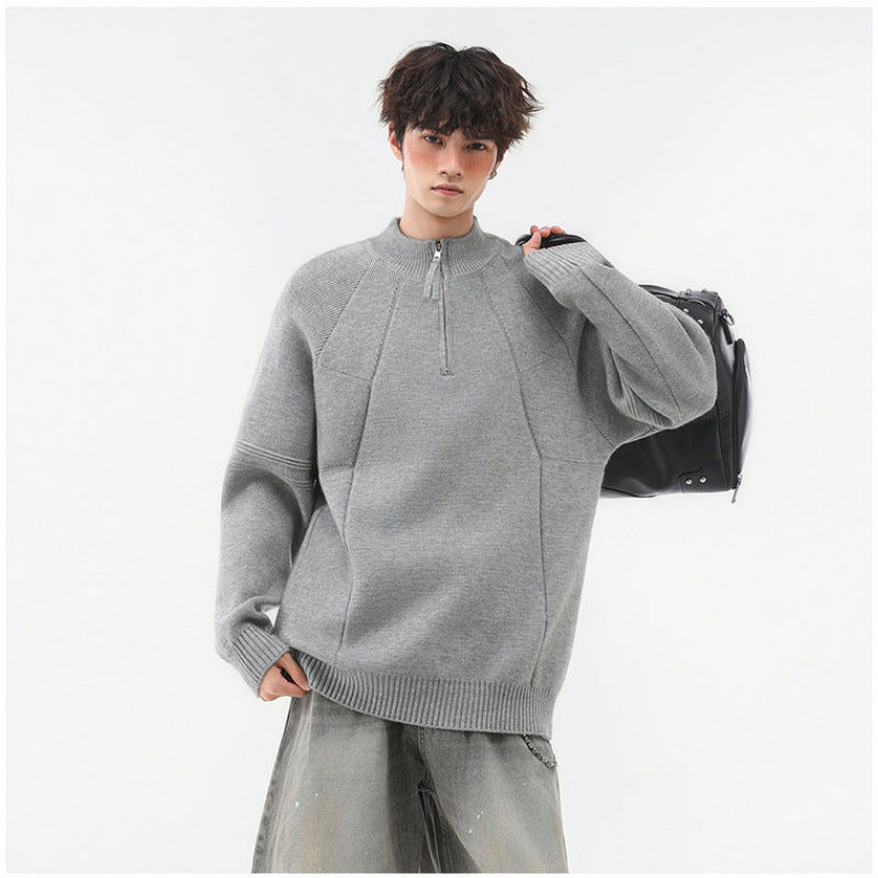Herren Strick-Halbzip-Pullover mit Stehkragen und strukturierten Rippdetails Shop Nory