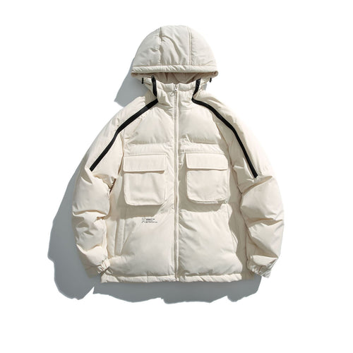 Unisex Kurz geschnittener Boxy-Puffer mit Kapuze, Kontraststreifen und großen Klappentaschen Shop Nory
