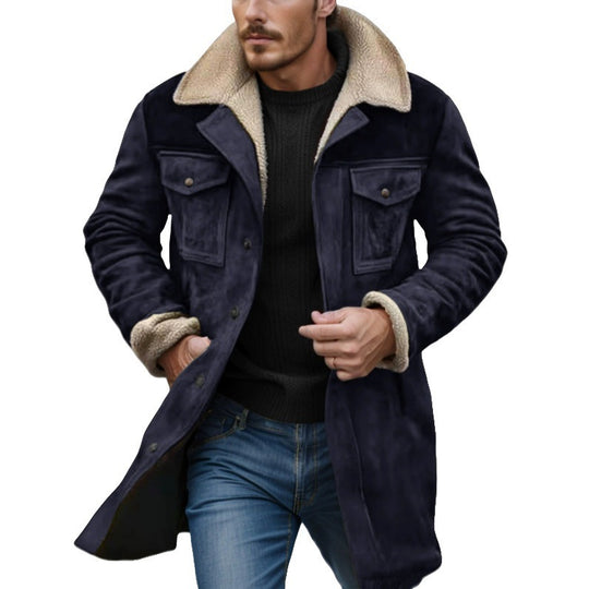 Herren Langer Veloursledermantel mit Teddyfutter und Pattentaschen Shop Nory