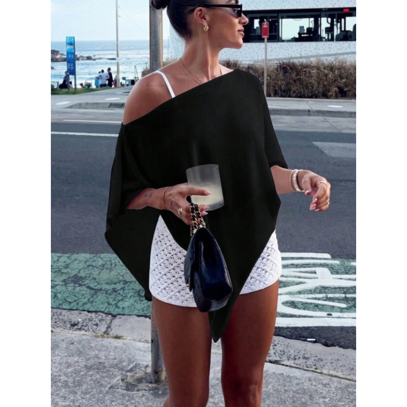 Damen Asymmetrisches Off-Shoulder Poncho-Top aus leichtem Strick Shop Nory