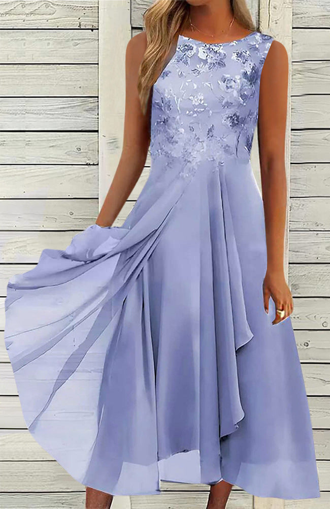 Damen nan ärmelloses Chiffon-Midikleid mit bestickter Brustpartie und asymmetrischem Lagenrock