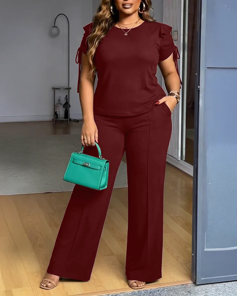 Damen Zweiteiliges Jersey-Set mit taillierter Weitbein-Hose und Kurzärmeligem Knoten-Top Shop Nory