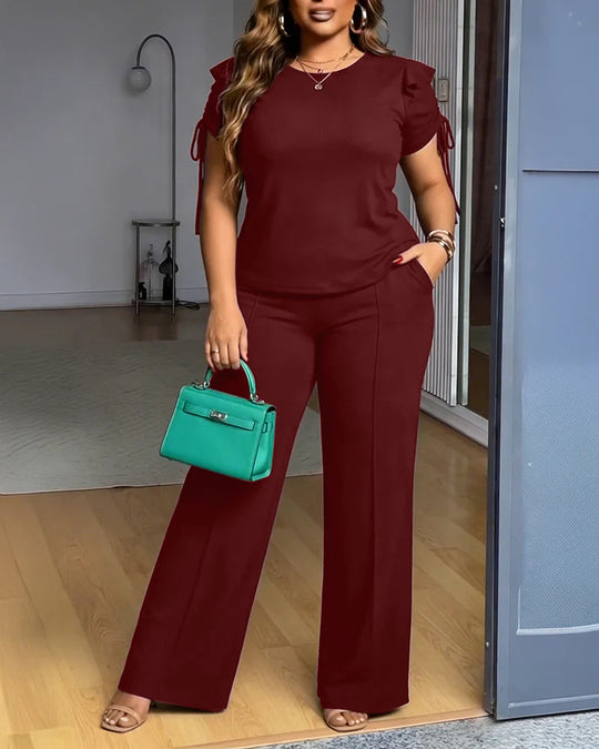 Damen Zweiteiliges Jersey-Set mit taillierter Weitbein-Hose und Kurzärmeligem Knoten-Top Shop Nory