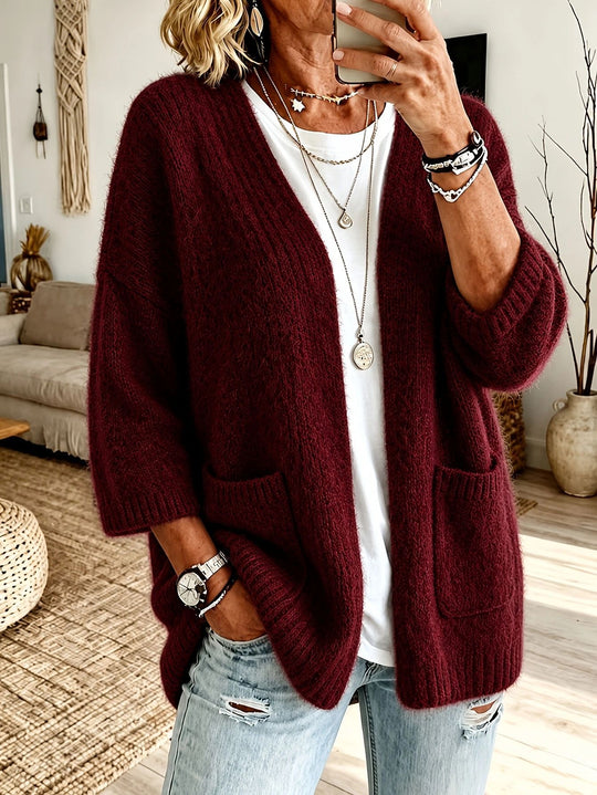Damen Offener Longcardigan im Mohair-Look mit aufgesetzten Taschen und überschnittener Schulter Shop Nory