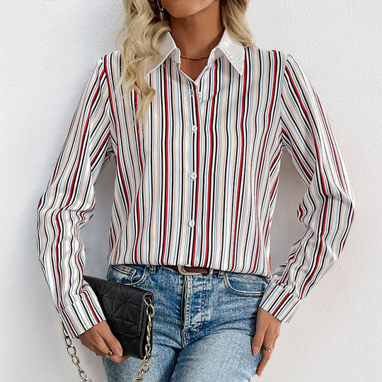 Damen Gestreifte Hemdbluse mit Zierkragen und Langarmmanschetten Shop Nory