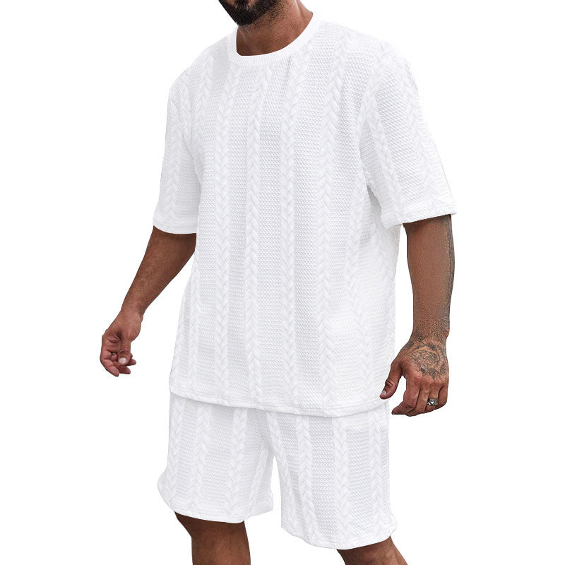 Herren nan entspanntes Zopfstrick-Freizeitset mit weitem Kurzarmshirt und elastischer Bermuda