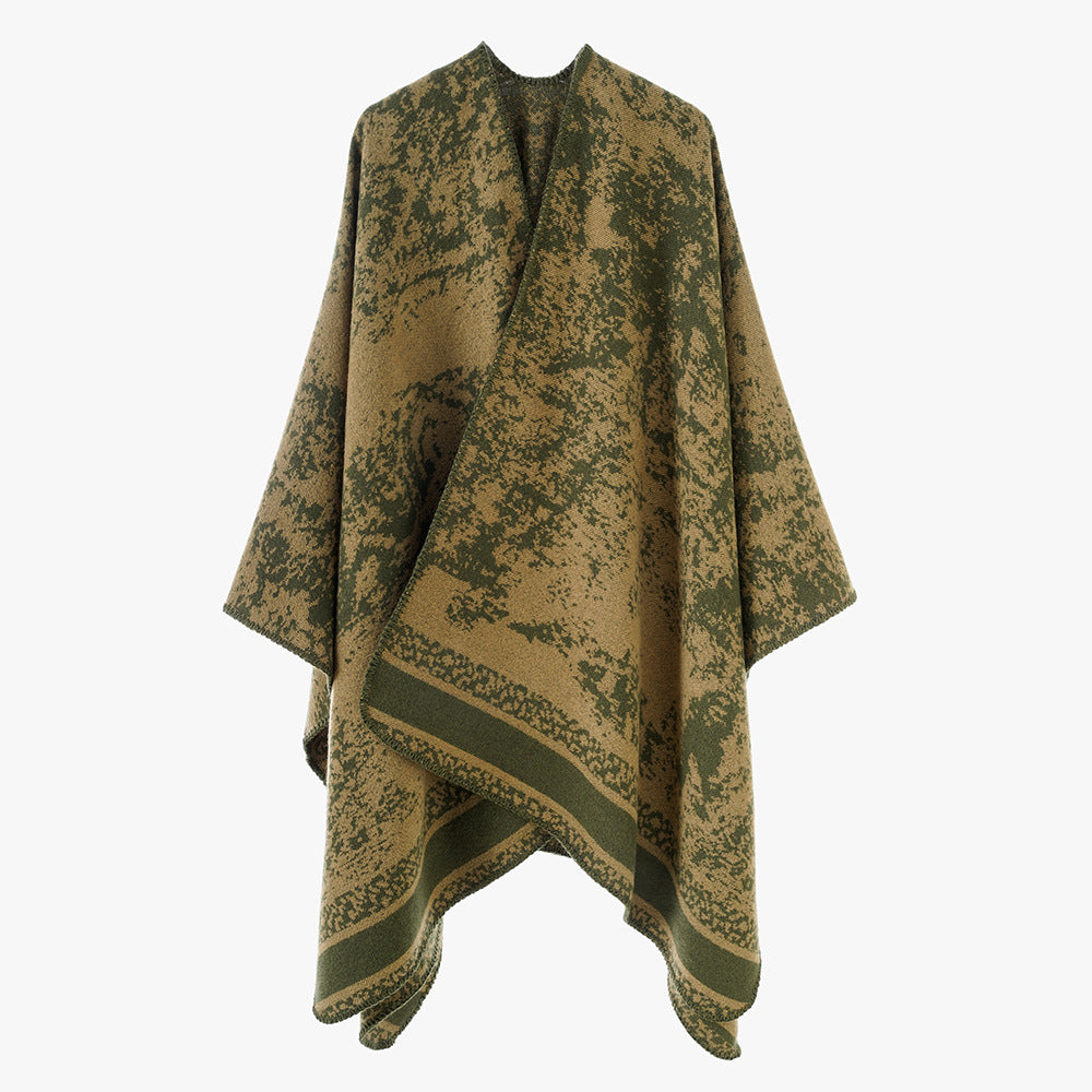 Damen Jacquard‑Überwurfponcho mit offener Front, kastiger Silhouette und fein gekettelter Saumkante Shop Nory