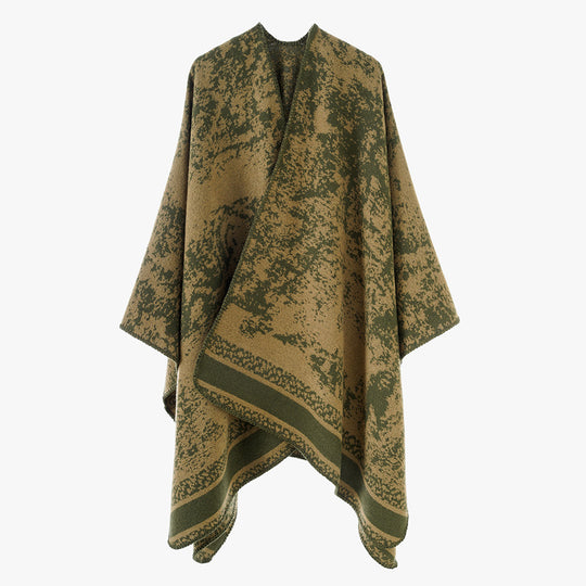 Damen Jacquard‑Überwurfponcho mit offener Front, kastiger Silhouette und fein gekettelter Saumkante Shop Nory