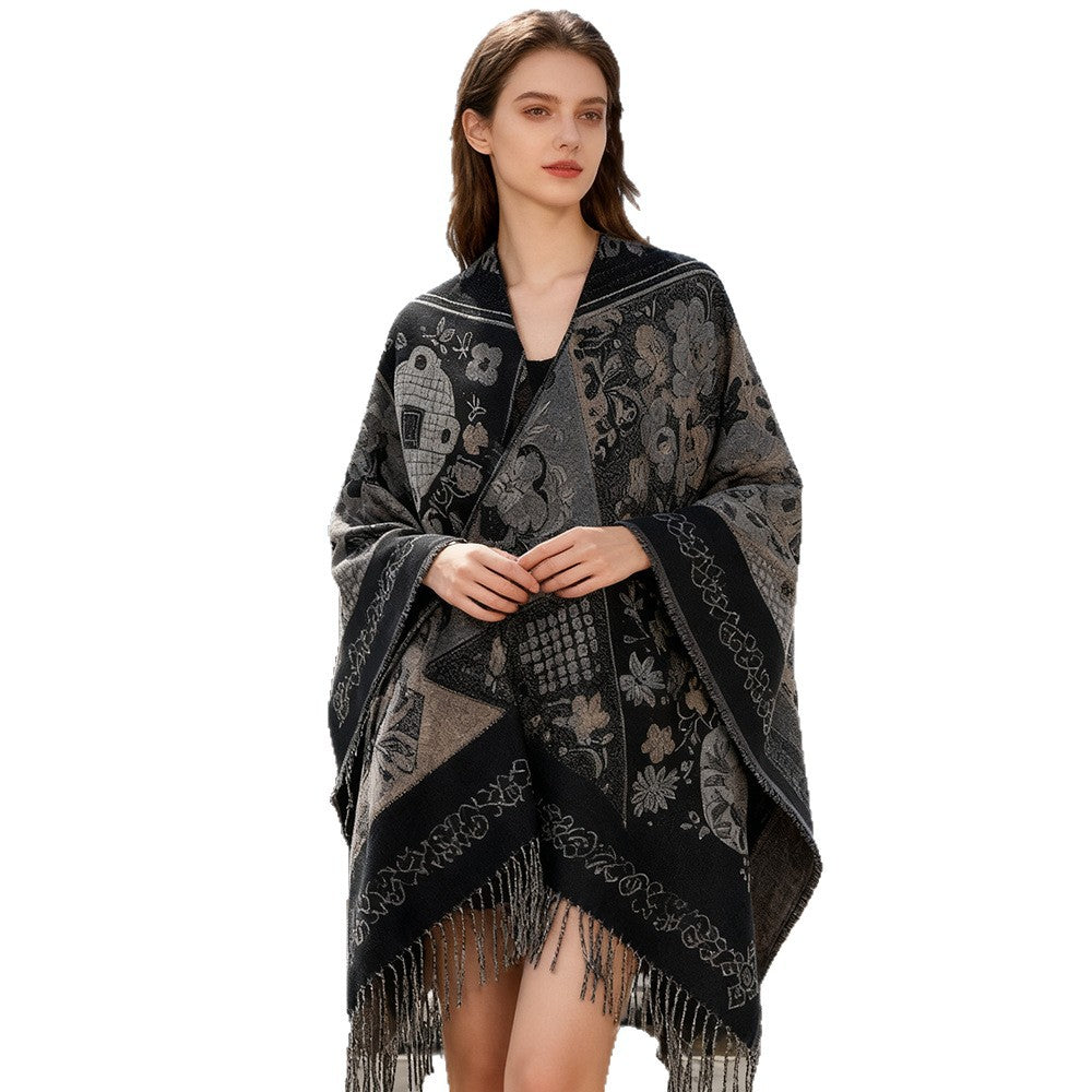 Damen Jacquard-Wollmix-Poncho mit Patchwork‑Blumenmuster und Fransensaum Shop Nory