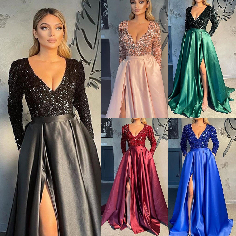 Damen Glamouröses Abendkleid mit tiefem V-Ausschnitt und schimmernden Pailletten