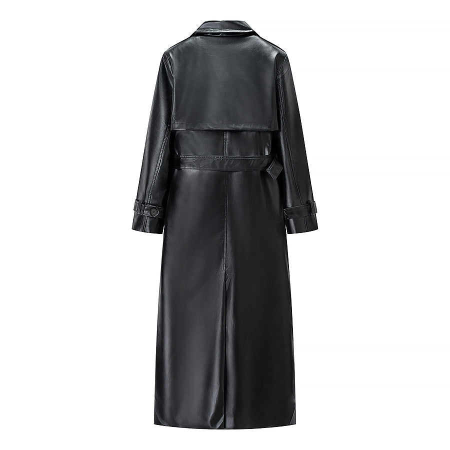 Damen Langer Trenchcoat aus Lederoptik mit Bindegürtel und Epauletten Shop Nory