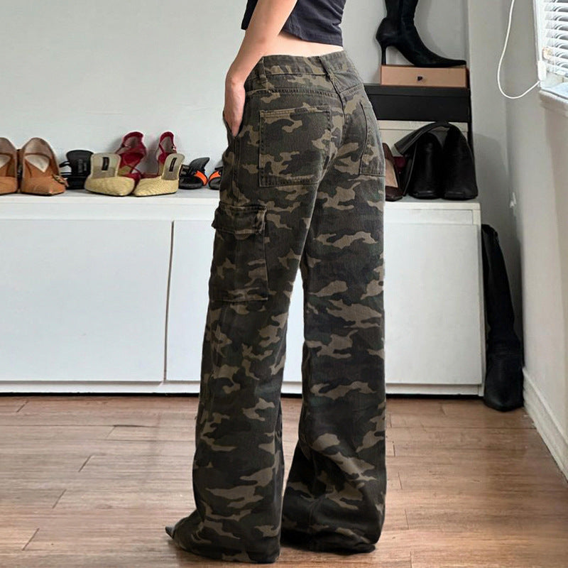 Damen nan weite Cargo-Hose mit Camouflage-Print, hoher Taille und mehreren aufgesetzten Beintaschen Shop Nory
