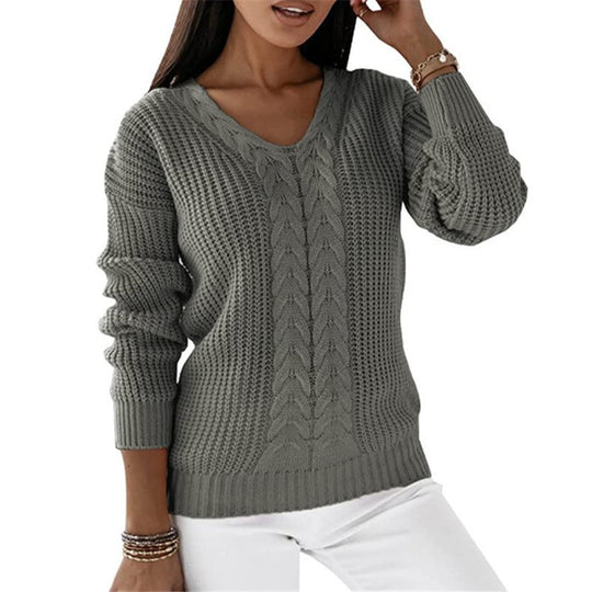 Damen nan grob gestrickter V-Ausschnitt Pullover mit Zopfmuster und lockerer Silhouette Shop Nory