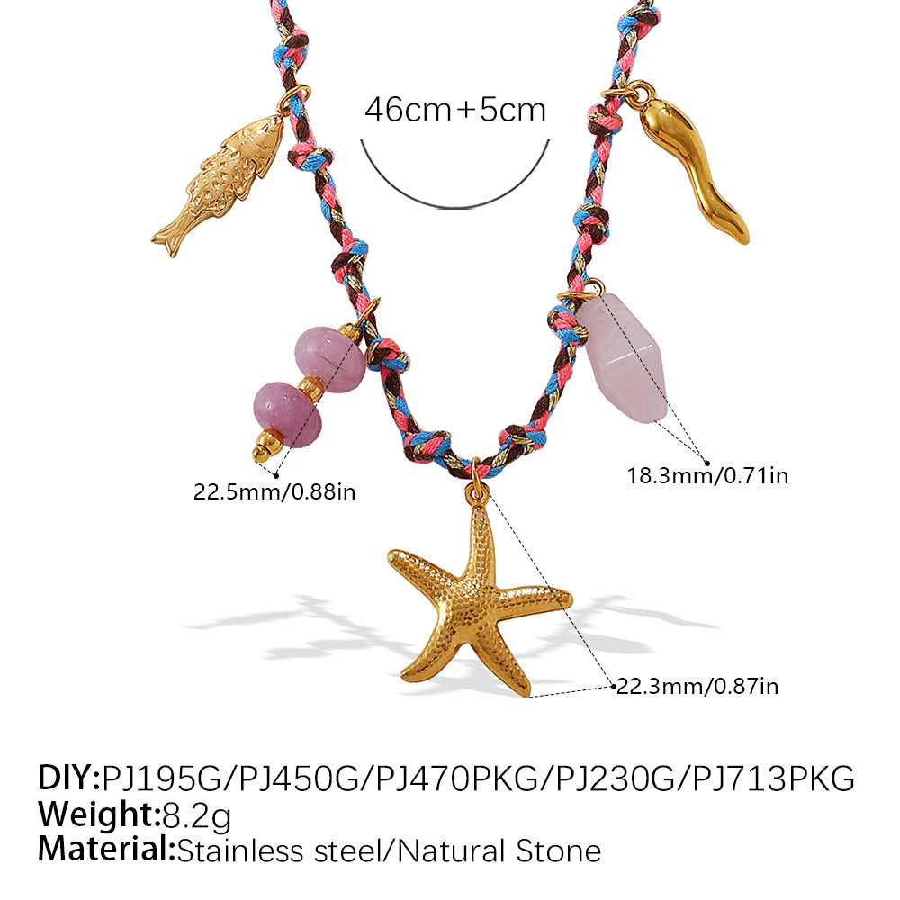 Verstellbare Kordel-Halskette mit Naturstein-Charms und Filigranen Blumenanhängern