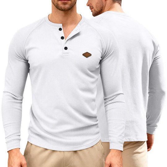 Herren nan Waffelstrick-Henley Langarmshirt mit Raglanärmeln, Halbknopfleiste und Lederlabel Shopnory