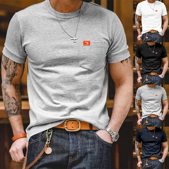 Herren klassisches Kurzarm T-Shirt mit Brusttasche aus hochwertiger Baumwolle