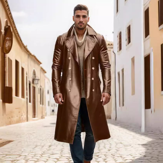 Herren Langer glänzender Kunstleder-Trenchcoat mit Doppelreiher und markantem Revers Shop Nory