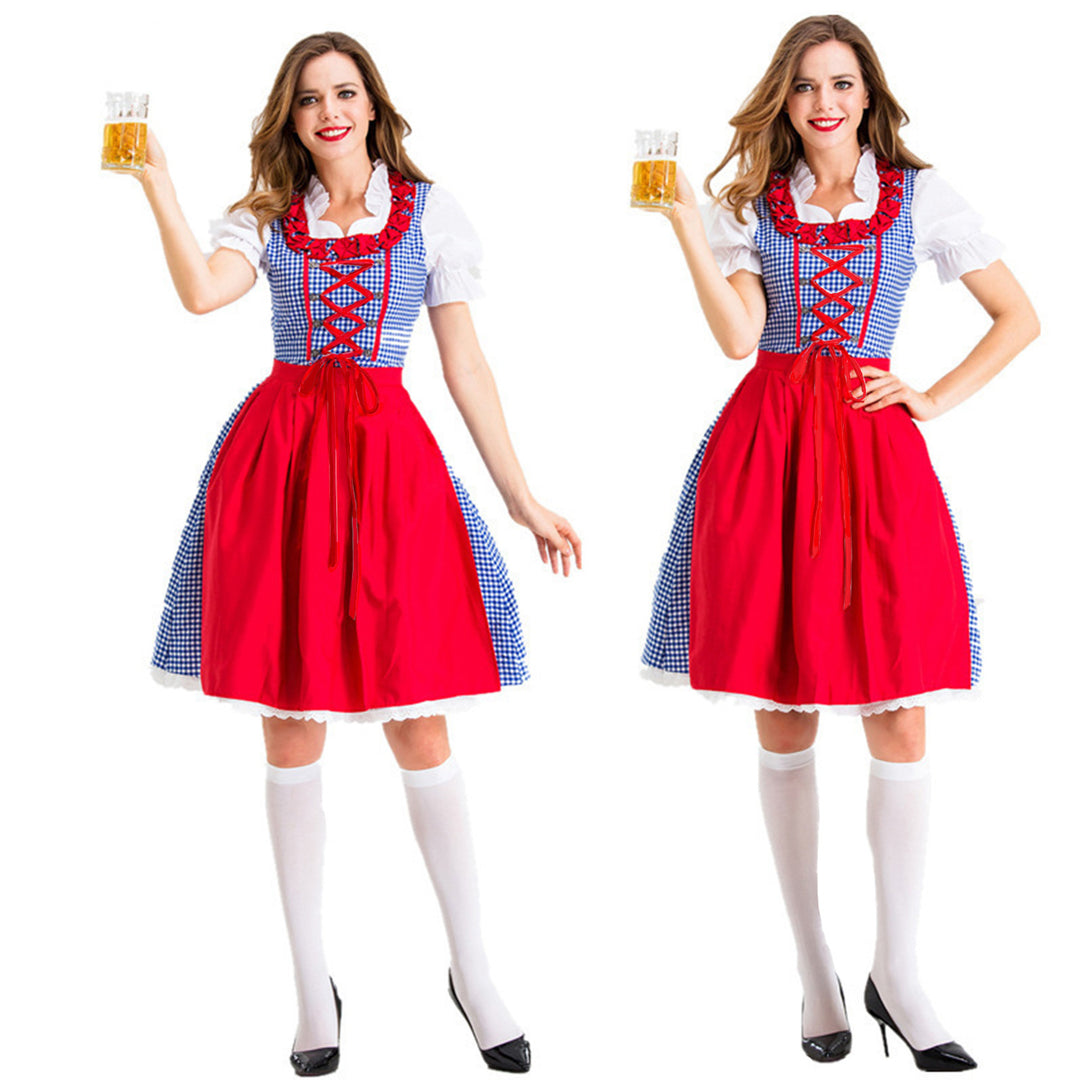 Damen nan Karo-Dirndl mit geschnürter Miederfront, Rüschenkragen und taillierter Schürze Shop Nory