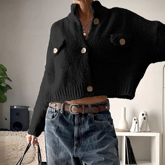Damen nan kuschelige Strickjacke mit Holzknöpfen und Brustklappe Shop Nory