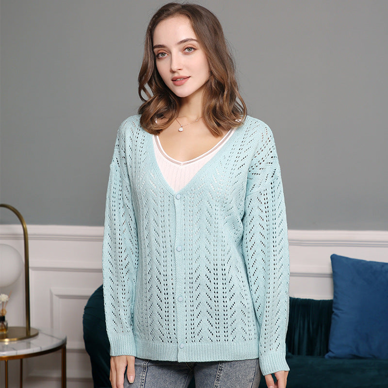 Damen Leichte Ajour-Strickjacke mit tiefem V-Ausschnitt und Knopfleiste Shop Nory