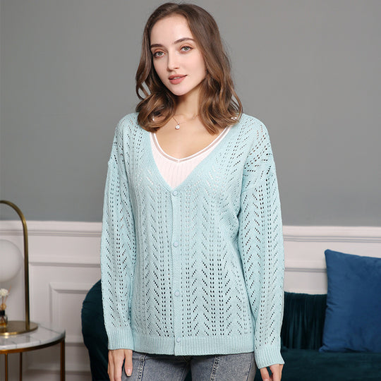 Damen Leichte Ajour-Strickjacke mit tiefem V-Ausschnitt und Knopfleiste Shop Nory