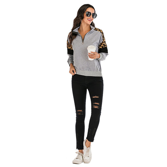 Damen Sweatshirt mit Stehkragen, halbem Reißverschluss & Leo-Detail Shop Nory