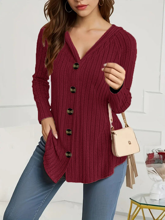 Damen kaschierender gerippter Strickcardigan mit V-Ausschnitt und dekorativen Knöpfen Shop Nory