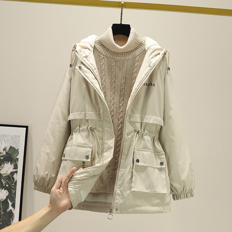Damen gefütterte Parka-Jacke mit Kapuze und verstellbarem Taillenzug Shop Nory