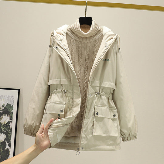 Damen gefütterte Parka-Jacke mit Kapuze und verstellbarem Taillenzug Shop Nory