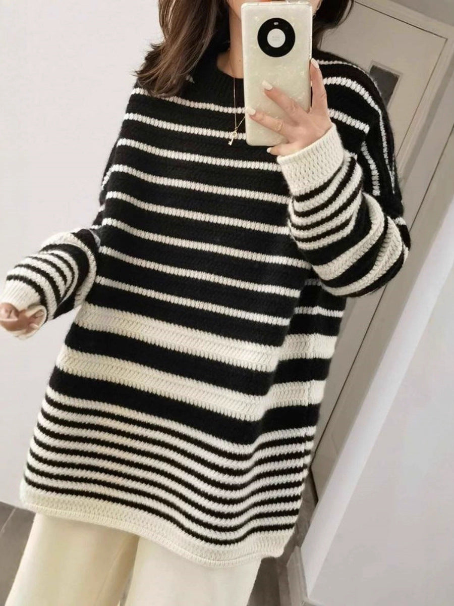 Damen Oversize-Longpullover aus grobem Streifenstrick mit Rundhalsausschnitt Shop Nory