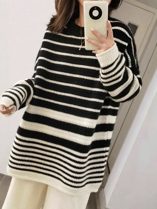Damen Oversize-Longpullover aus grobem Streifenstrick mit Rundhalsausschnitt Shop Nory