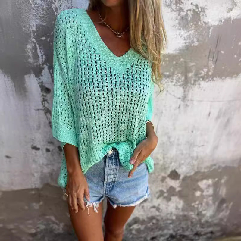 Damen nan luftig gestrickter V-Ausschnitt Pullover im Oversize-Schnitt Shop Nory