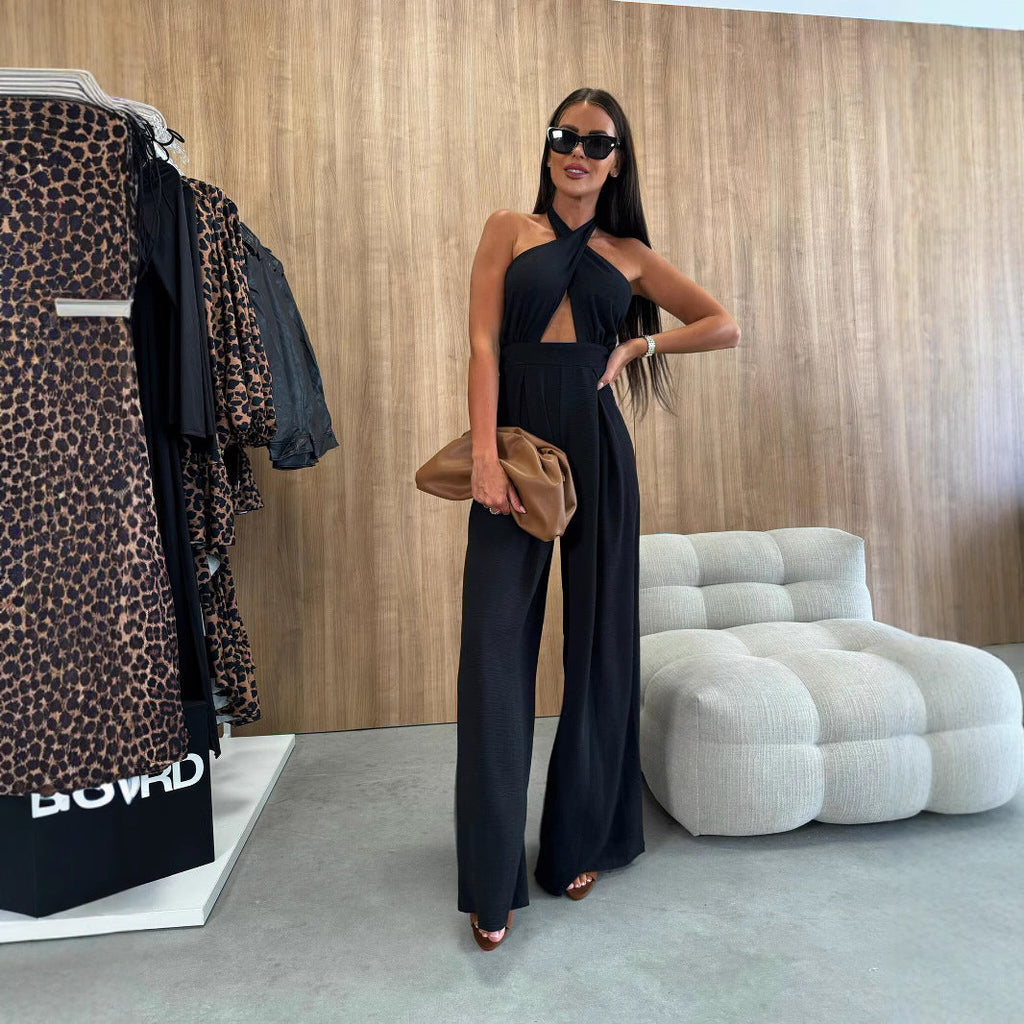 Damen Jumpsuit mit tiefem V-Ausschnitt und weiten Beinen