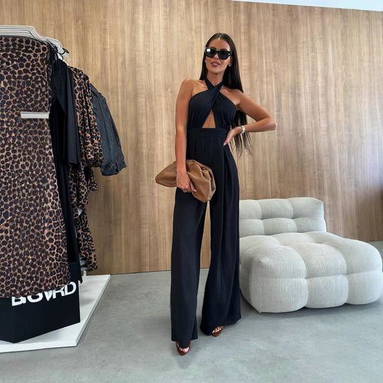 Damen Jumpsuit mit tiefem V-Ausschnitt und weiten Beinen