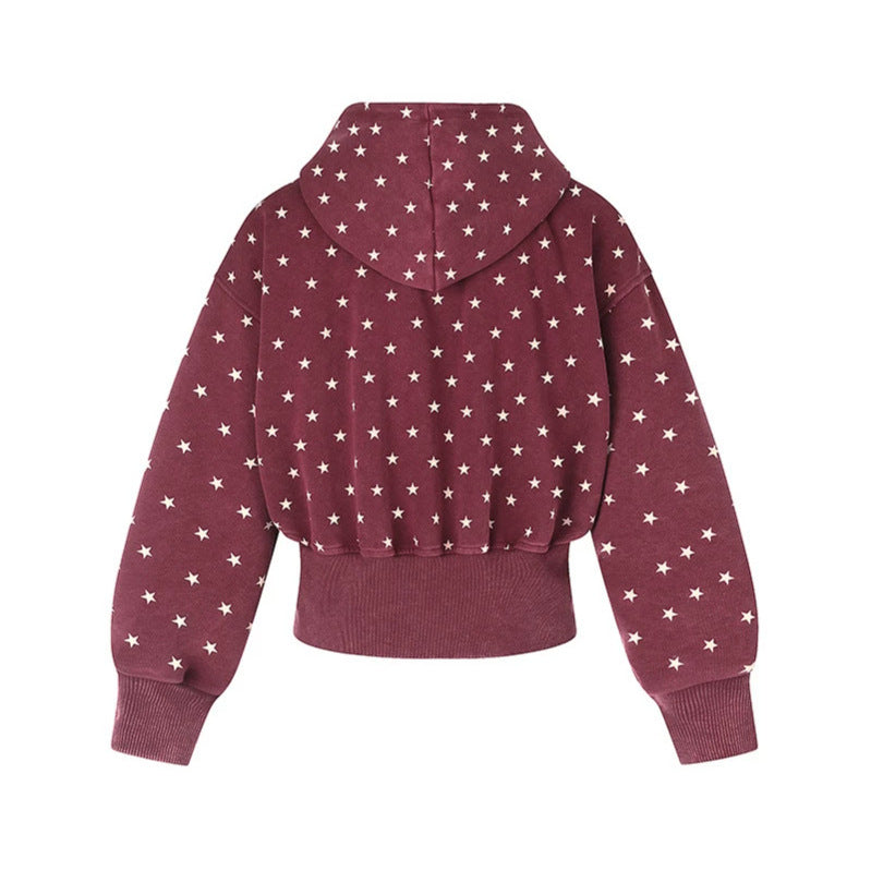 Damen Kurze Kapuzen-Sweatjacke mit durchgehendem Reißverschluss, gepunktetem Allover und breitem Rippbund Shop Nory