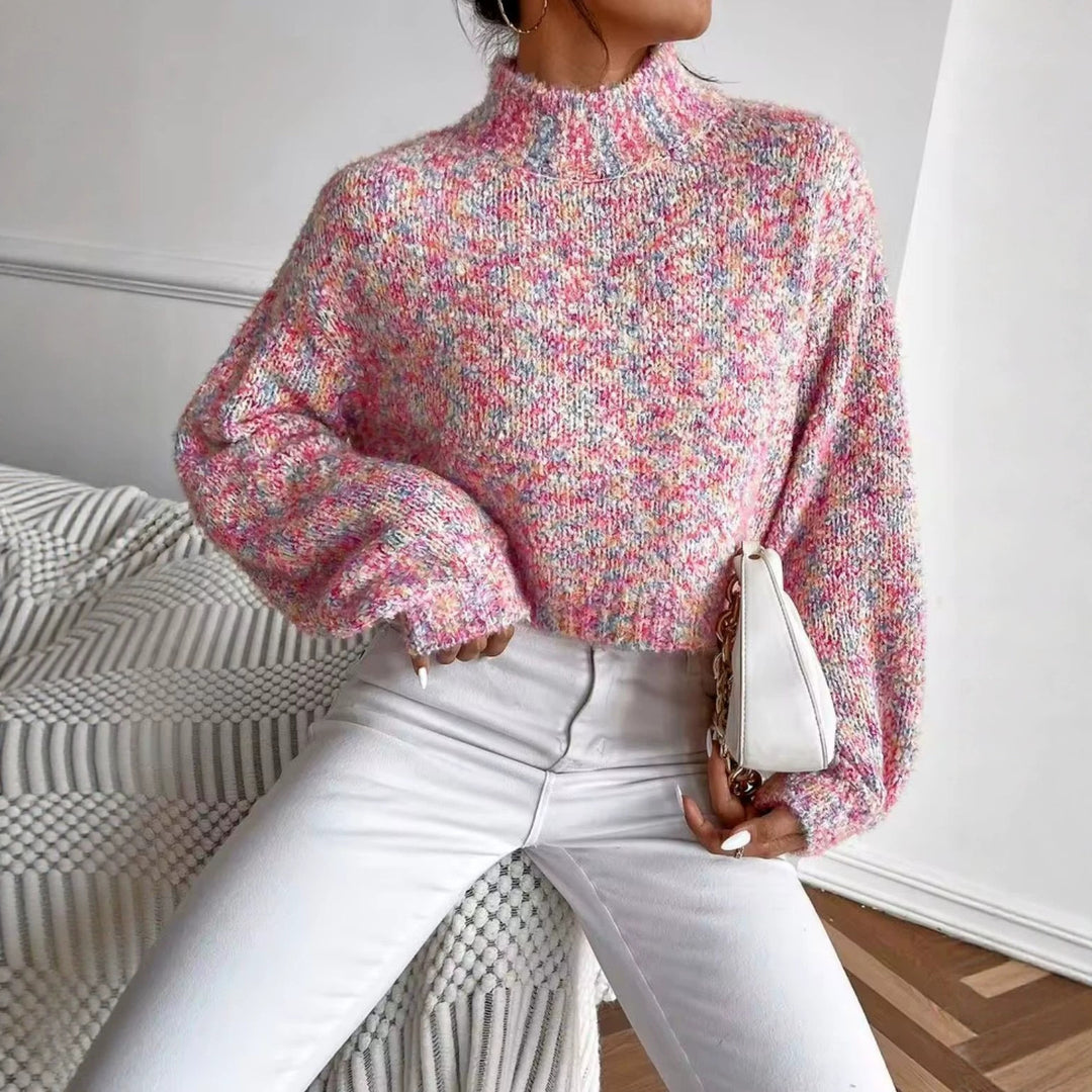 Damen Kurzgeschnittener Oversize-Pullover mit Stehkragen, mehrfarbigem Bouclé-Muster und Ballonärmeln Shop Nory
