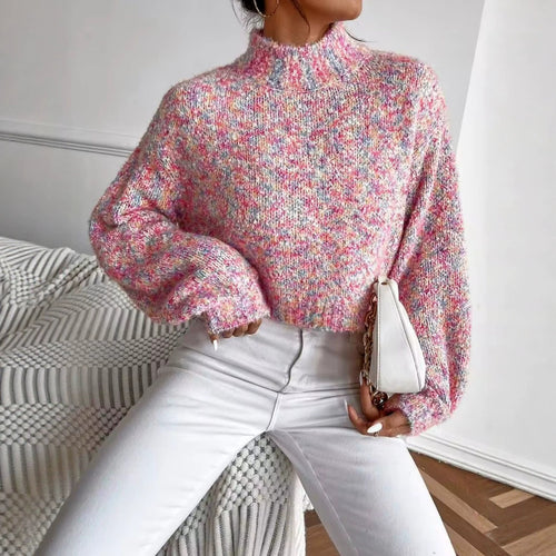 Damen Kurzgeschnittener Oversize-Pullover mit Stehkragen, mehrfarbigem Bouclé-Muster und Ballonärmeln Shop Nory