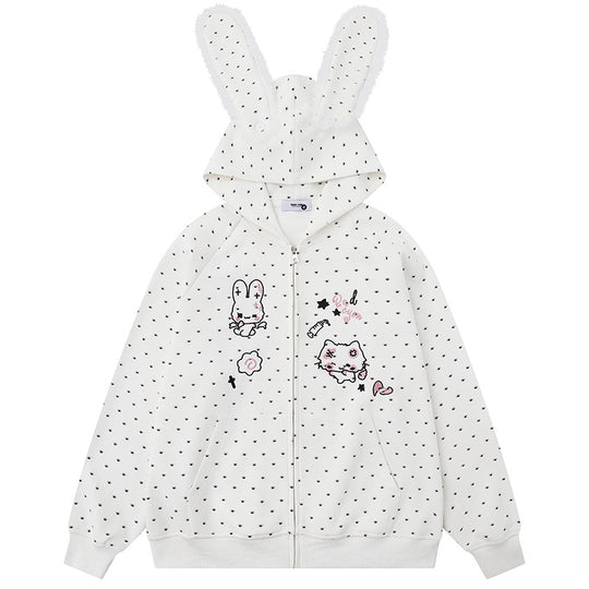 Damen Kapuzensweatjacke im Cozy-Kawaii‑Stil mit 3D-Ohren, Allover-Pünktchen und Frontreißverschluss Shop Nory