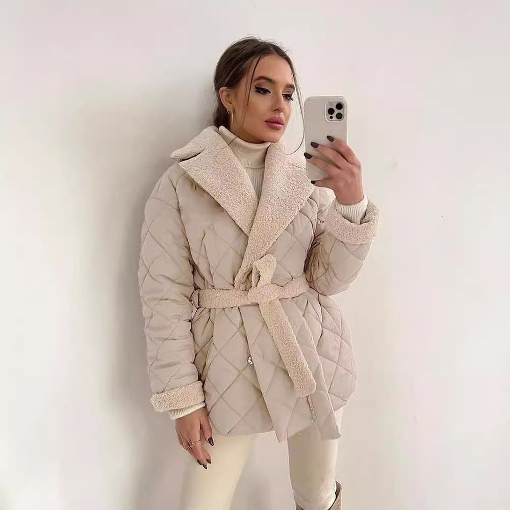 Damen Steppjacke mit Teddy-Futter Taillengürtel und großem Schalkragen Shop Nory