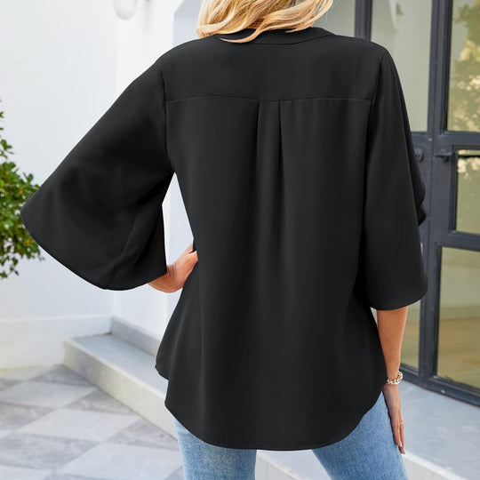 Damen Elegante Bluse mit V-Ausschnitt und fließenden Volant-Ärmeln Shop Nory