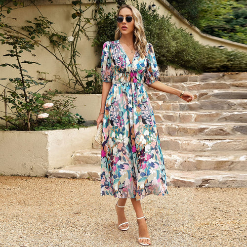 Damen Maxi Kleid mit 3/4-Ärmeln und floralem Design
