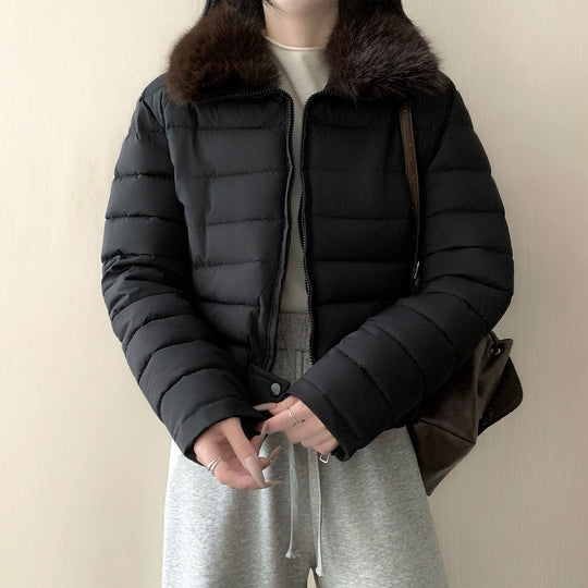Damen nan kurze wattierte Taillenjacke mit abnehmbarem Kunstfellkragen und verstärktem Saum Shop Nory