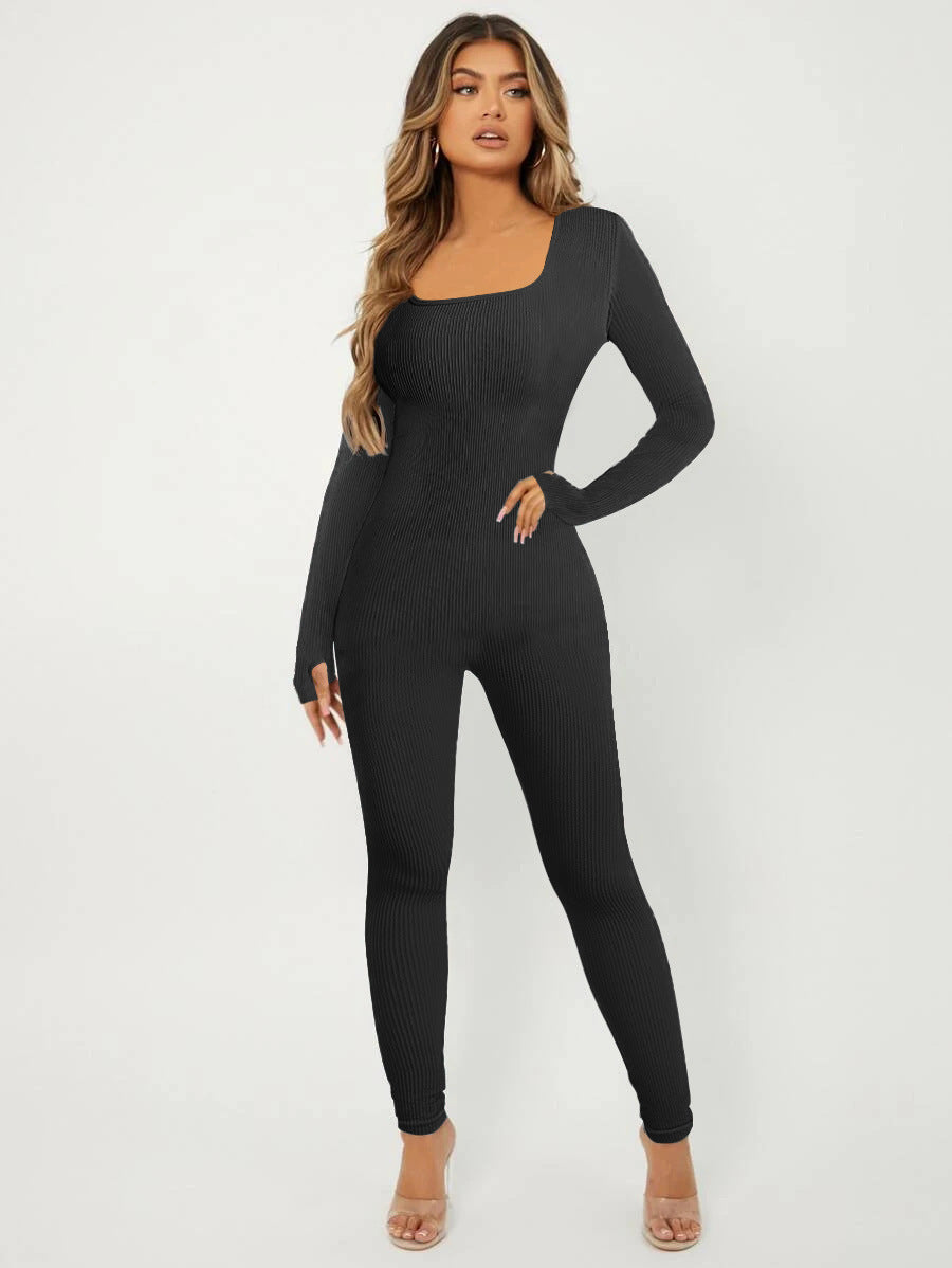 Damen Langarm Jumpsuit im eleganten Rippenmuster
